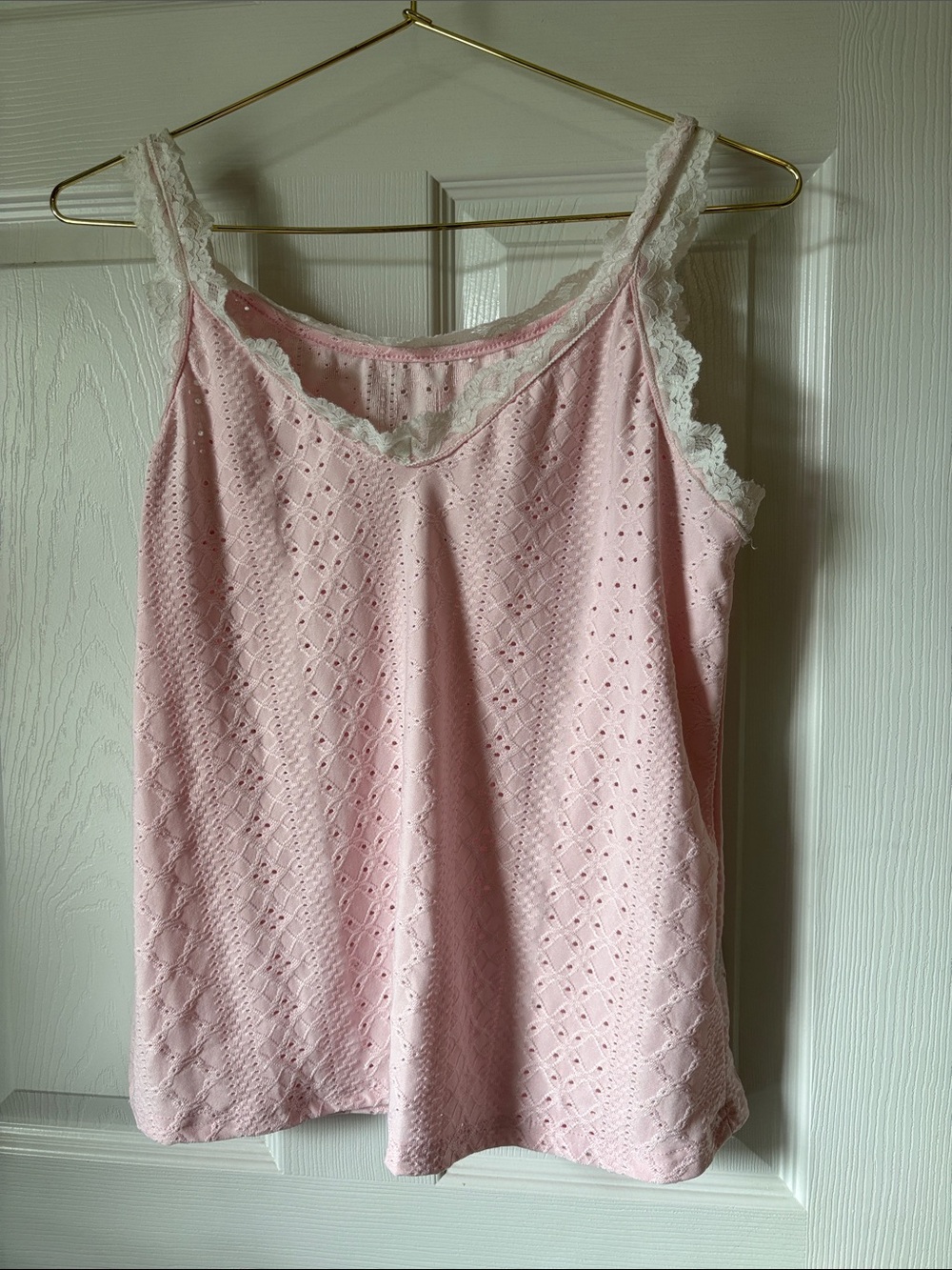 Shein light pink eyelet tank, V-neck, white lace trim, size M